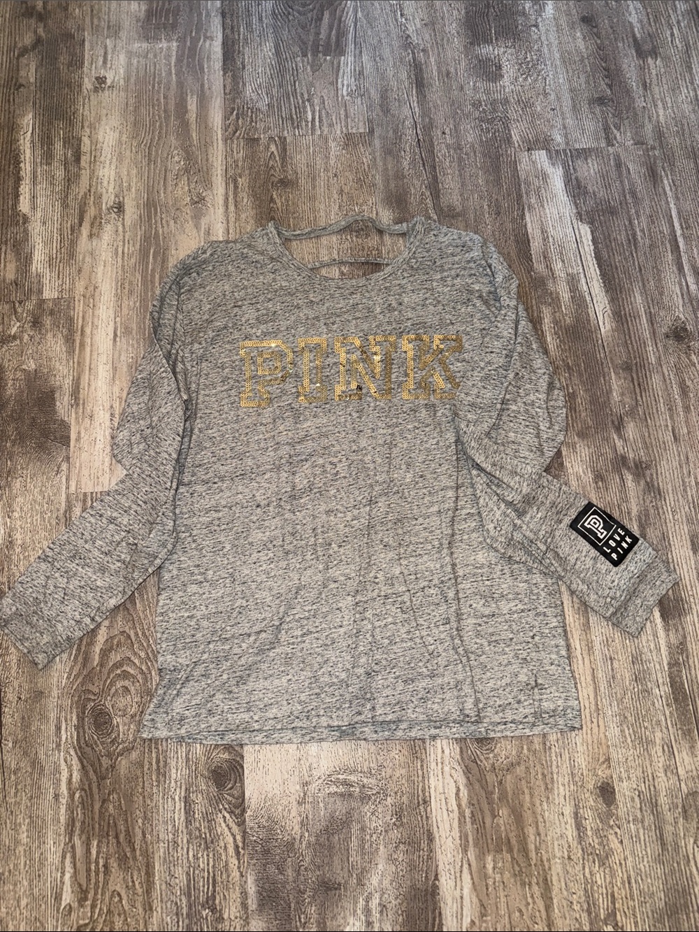 PINK Victoria's Secret Gray Pullover Sweatshirt with Gold Logo